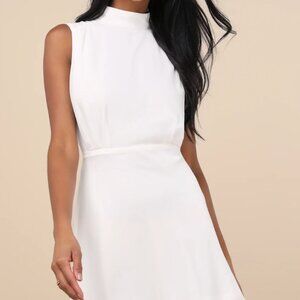 UNUSED Lulus Classic Elegance White Chiffon Sleeveless Mock Neck Mini Dress-M